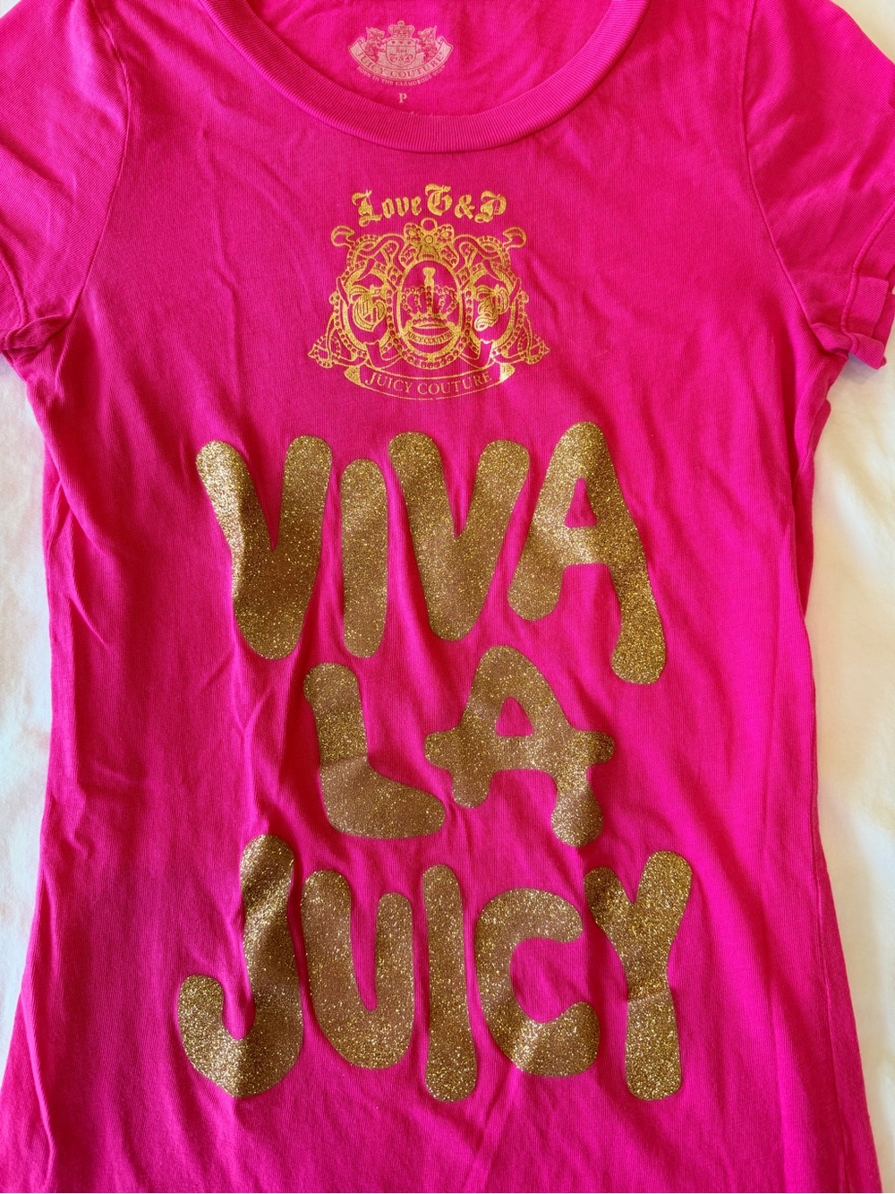 Juicy Couture Hot Pink Tee with Gold Glitter "Viva La Juicy" Size Petite/XS - Picture 3 of 4